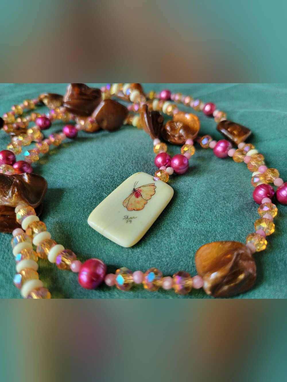 Artisan Handmade Necklace W/ Pearls, Crystal, Opal, & Handpainted Butterfly